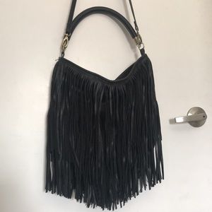 H&M Black Faux Leather Fringe Hobo Bag